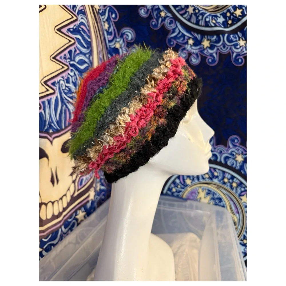 Handmade Crochet Bonnet Hat - Multicolor Textured Stripes‎